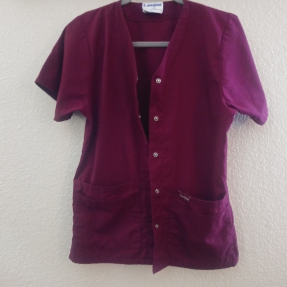 Landau Tops - Scrub Top - (2/$10) Burgandy Button Down